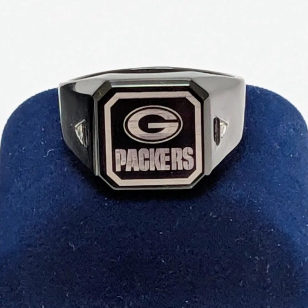 GREEN BAY PACKERS Ring Danbury Mint Football NFL NIB Stainless Steel BLACK NEW